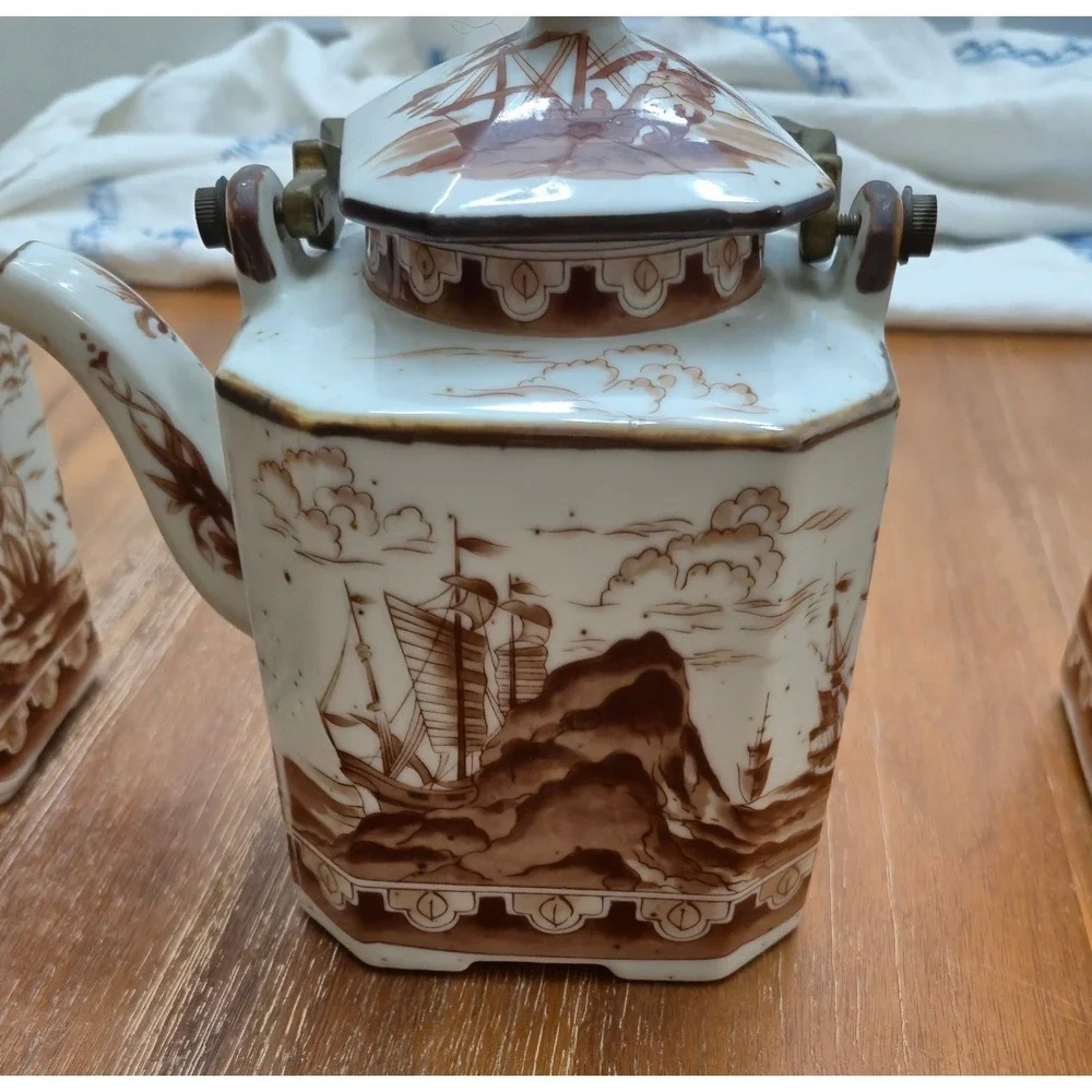 Japan Tea Set Vintage 40s 50s White Brown Nautical Ship Tea Caddies Teapot